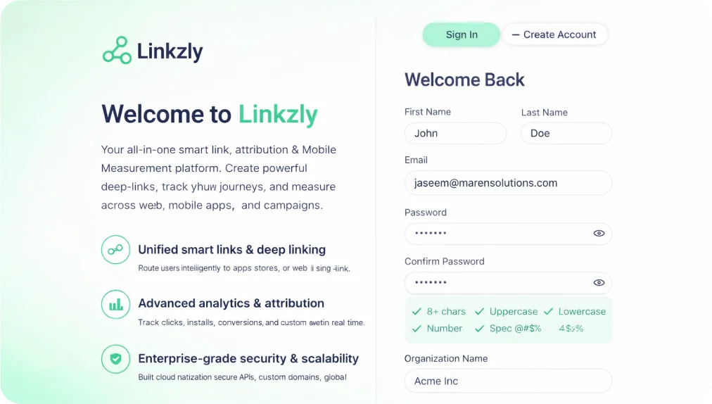 Creating an account on a marketing platform dashboard